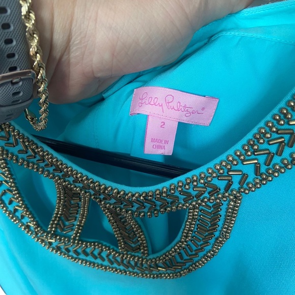 Lilly Pulitzer Shorely Blue Sleeveless Beaded Lane Shift Dress Size 2 - Picture 3 of 8